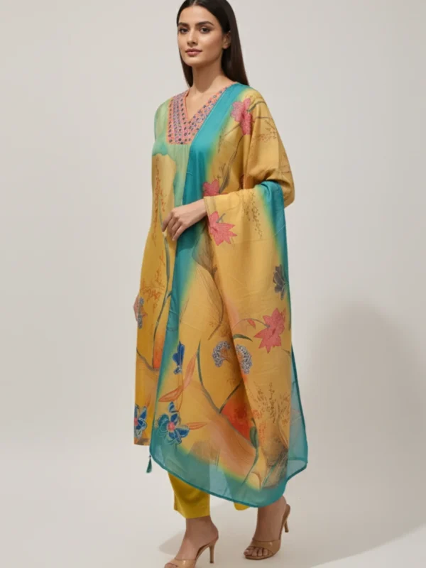 Mystic Meadow – Multi-Colored Muslin Suit with Digital & Highlight Work