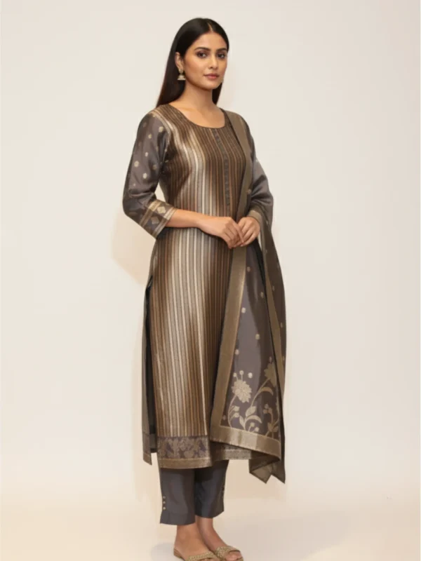 Charcoal Elegance – Grey Silk Suit with Exquisite Weaving Detailing