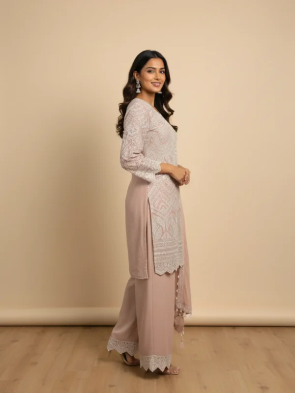 Ivory georgette plazo set with delicate handwork embroidery and matching dupatta — elegant festive ethnic wear for women by Rangoli Saris.