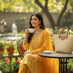 Mustard Mirage – Tie & Dye Muslin Mirror Work Suit Set (3 Pc)