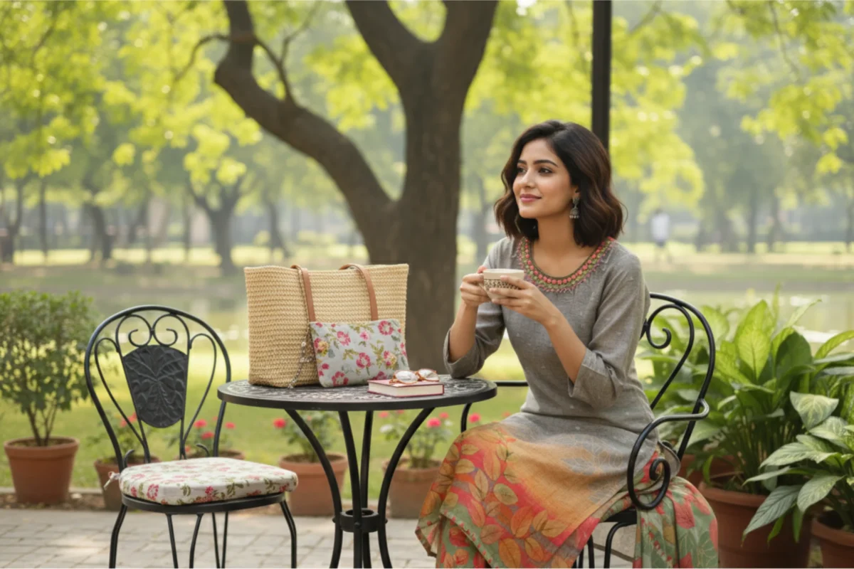 Digital print muslin suit in earthy tones with embellished neckline and matching printed pants — ideal for casual festive or office wear.