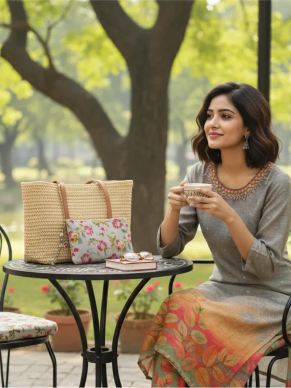 Digital print muslin suit in earthy tones with embellished neckline and matching printed pants — ideal for casual festive or office wear.