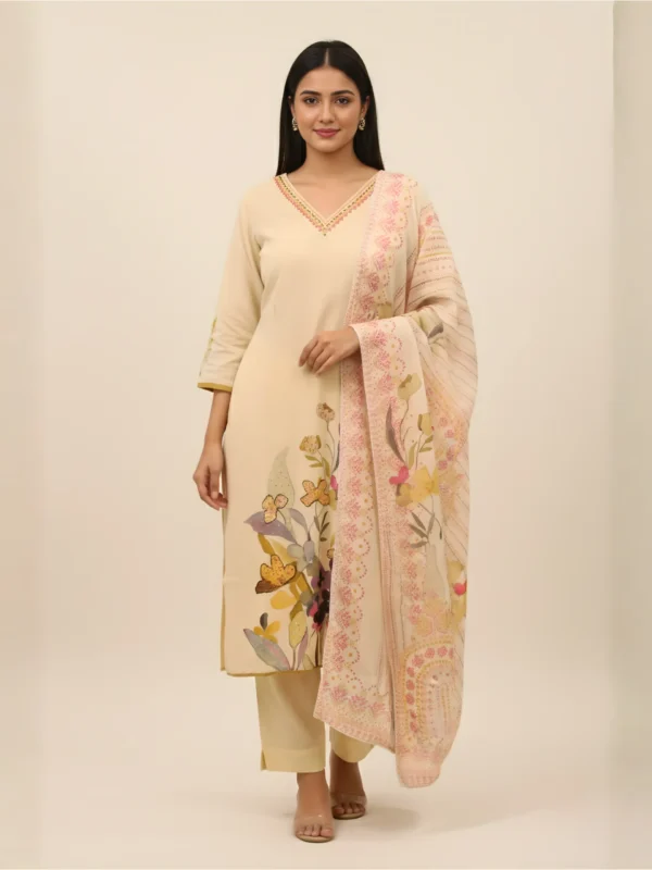 Butterfly Meadow – Cream Printed & Highlighted Khadi Suit