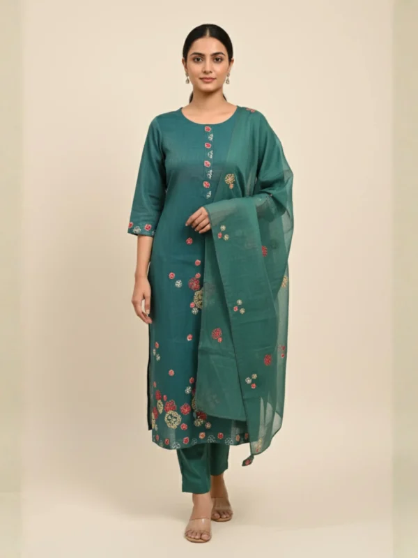Verdant Grace – Blue Green Embroidered Chanderi Suit Set
