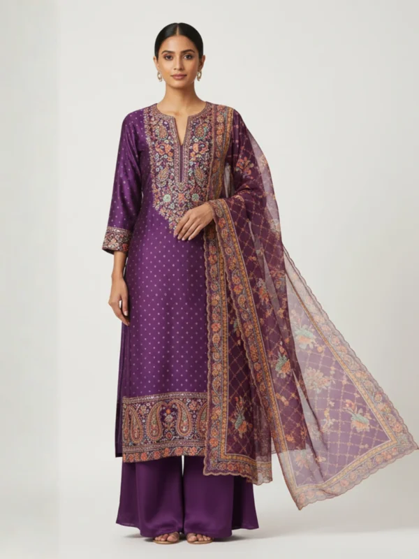 Royal Orchid – Purple Muslin Suit with Intricate Print & Embellished Neckline