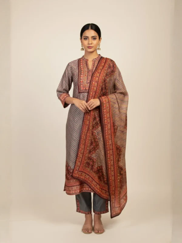 Mystic Charisma – Grey Digital Printed Tassar Silk Suit Set
