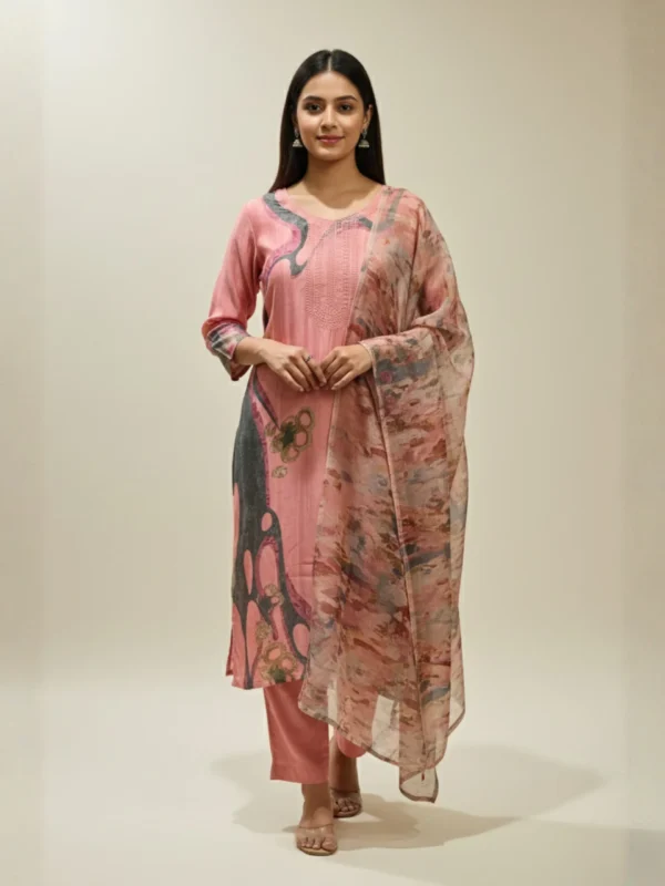 Blush Symphony – Pink Muslin Suit with Artistic Print & Delicate Embroidery