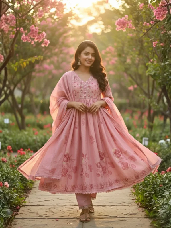 Blush Bloom – Pink Cotton Embroidered Anarkali Suit