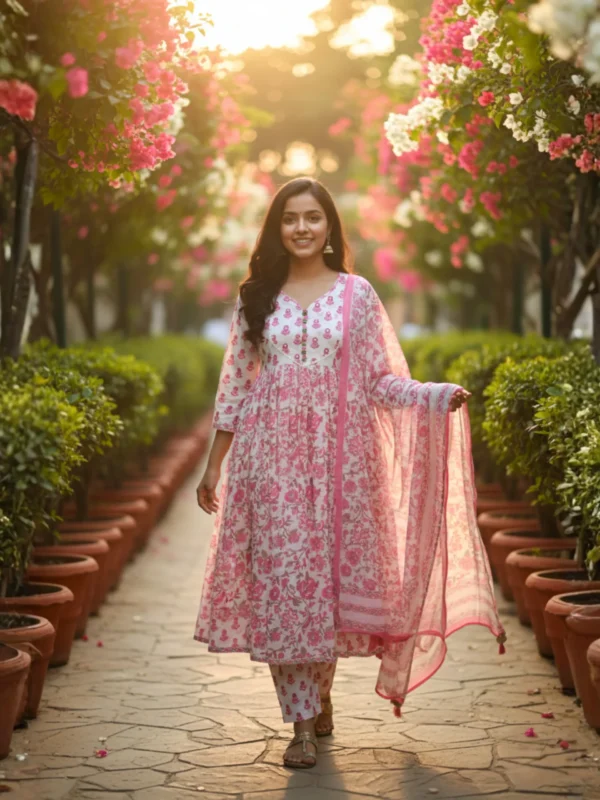 Floral Whisper – White Printed Cotton Suit Set