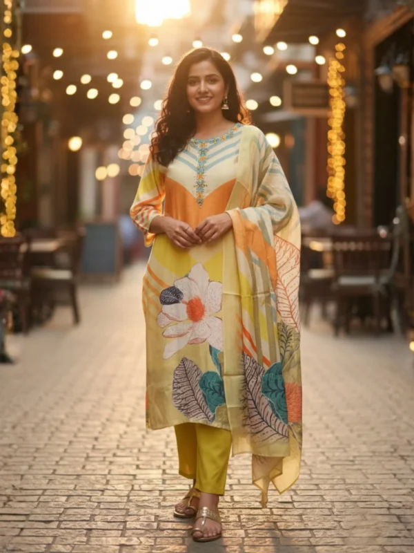 Sunlit Bloom – Printed Muslin Suit with Highlight Detailing