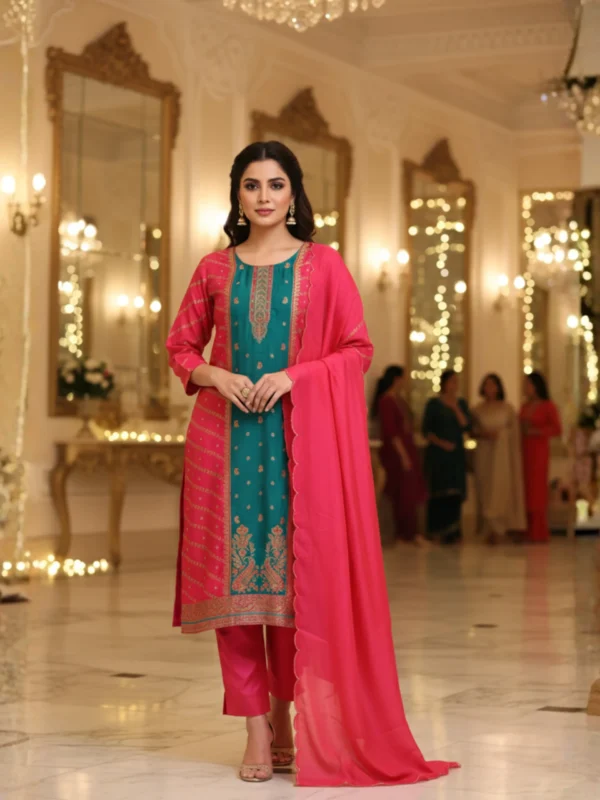 Raani Radiance – Pink Model Silk Weaving Highlight Suit