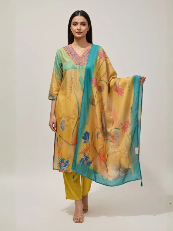 Mystic Meadow – Multi-Colored Muslin Suit with Digital & Highlight Work