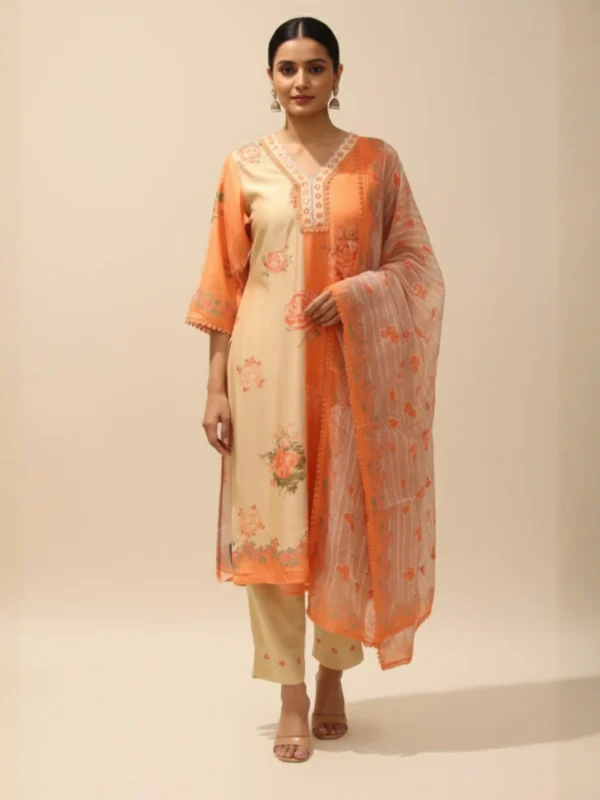 Peach Serenade – Muslin Suit with Print & Highlight Work