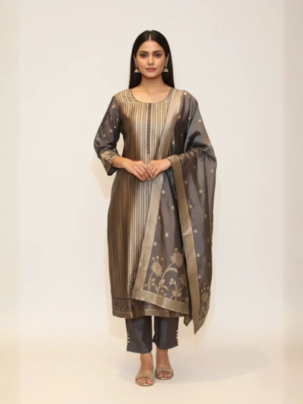 Charcoal Elegance – Grey Silk Suit with Exquisite Weaving Detailing