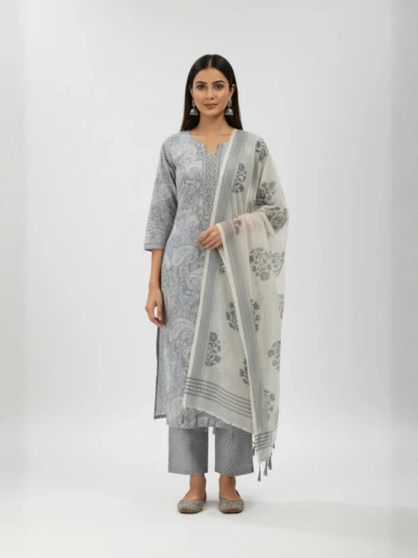 Silver Grace – Grey Muslin Suit with Printed Elegance