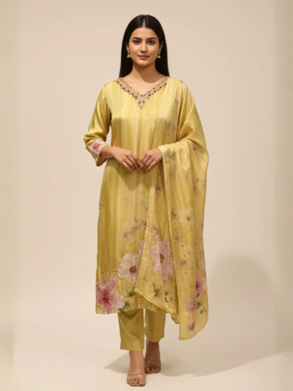 Sunlit Serenity – Pale Yellow Muslin Suit with Print & Hand Embellished Detailing