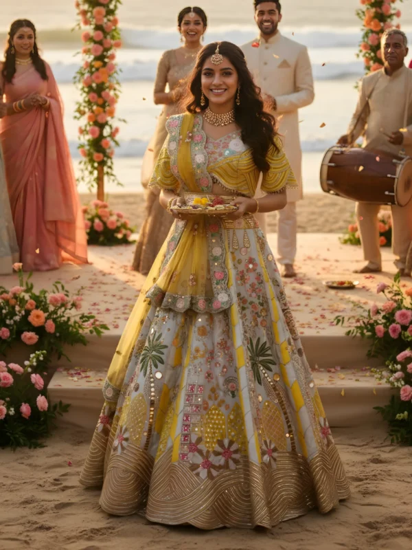 Sunlit Grace – Grey & Yellow Mirror and Jari Work Raw Silk Lehenga Set