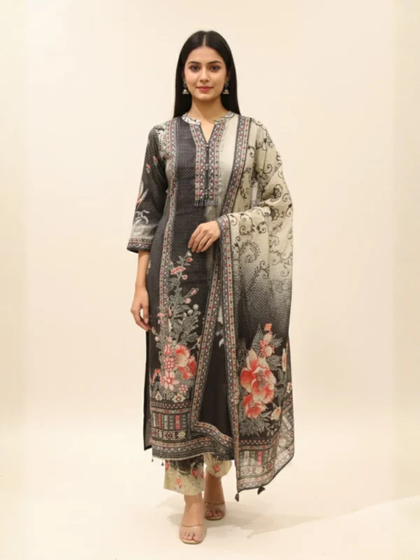 Noir Bloom – Grey Muslin Suit with Digital Floral Print
