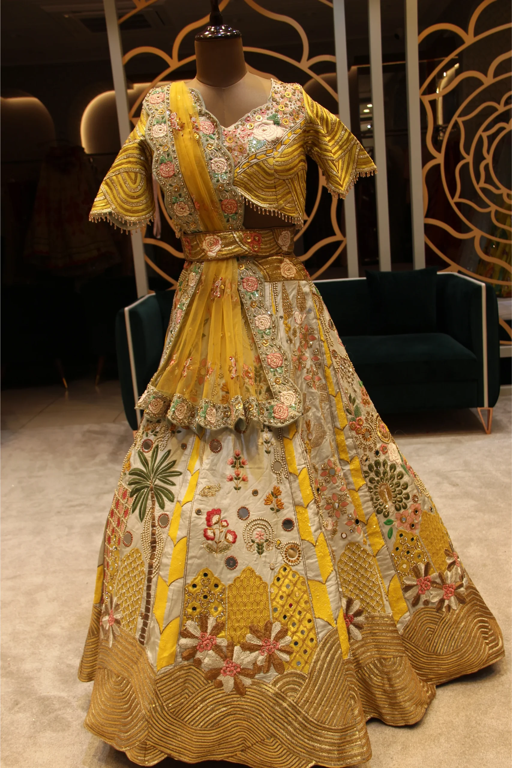 Sunlit Grace – Grey & Yellow Mirror and Jari Work Raw Silk Lehenga Set - Image 4