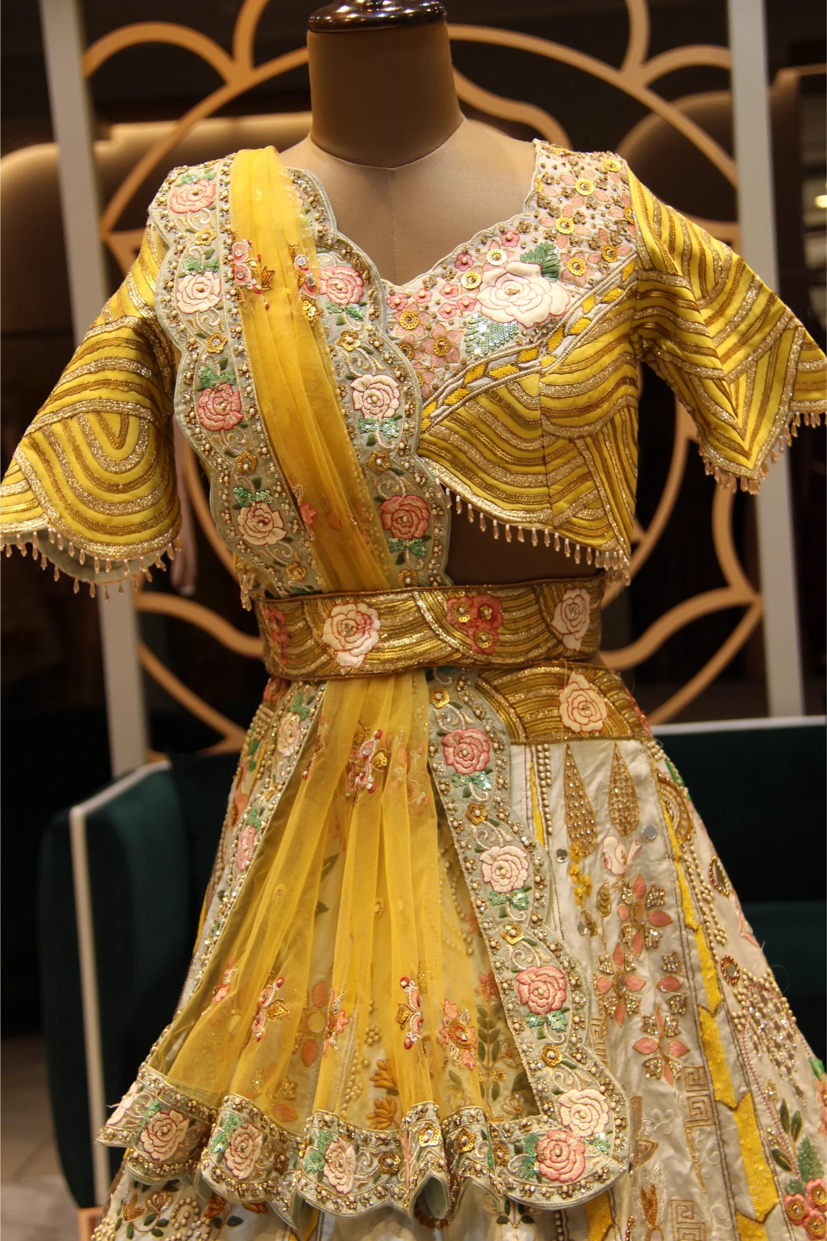 Sunlit Grace – Grey & Yellow Mirror and Jari Work Raw Silk Lehenga Set - Image 7