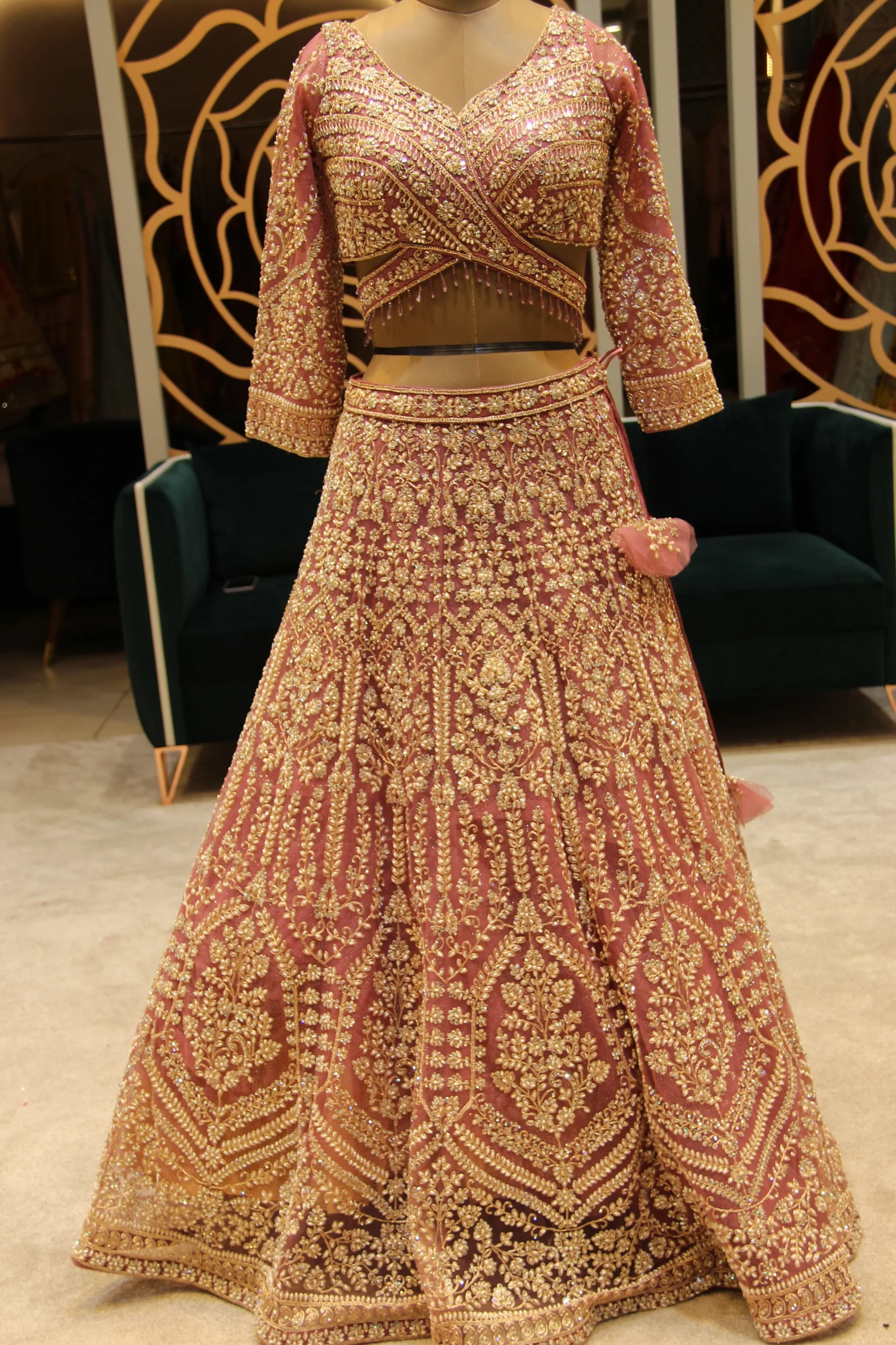 Ethereal Bloom – Onion Pink Bead & Pearl Embellished Net Lehenga - Image 7