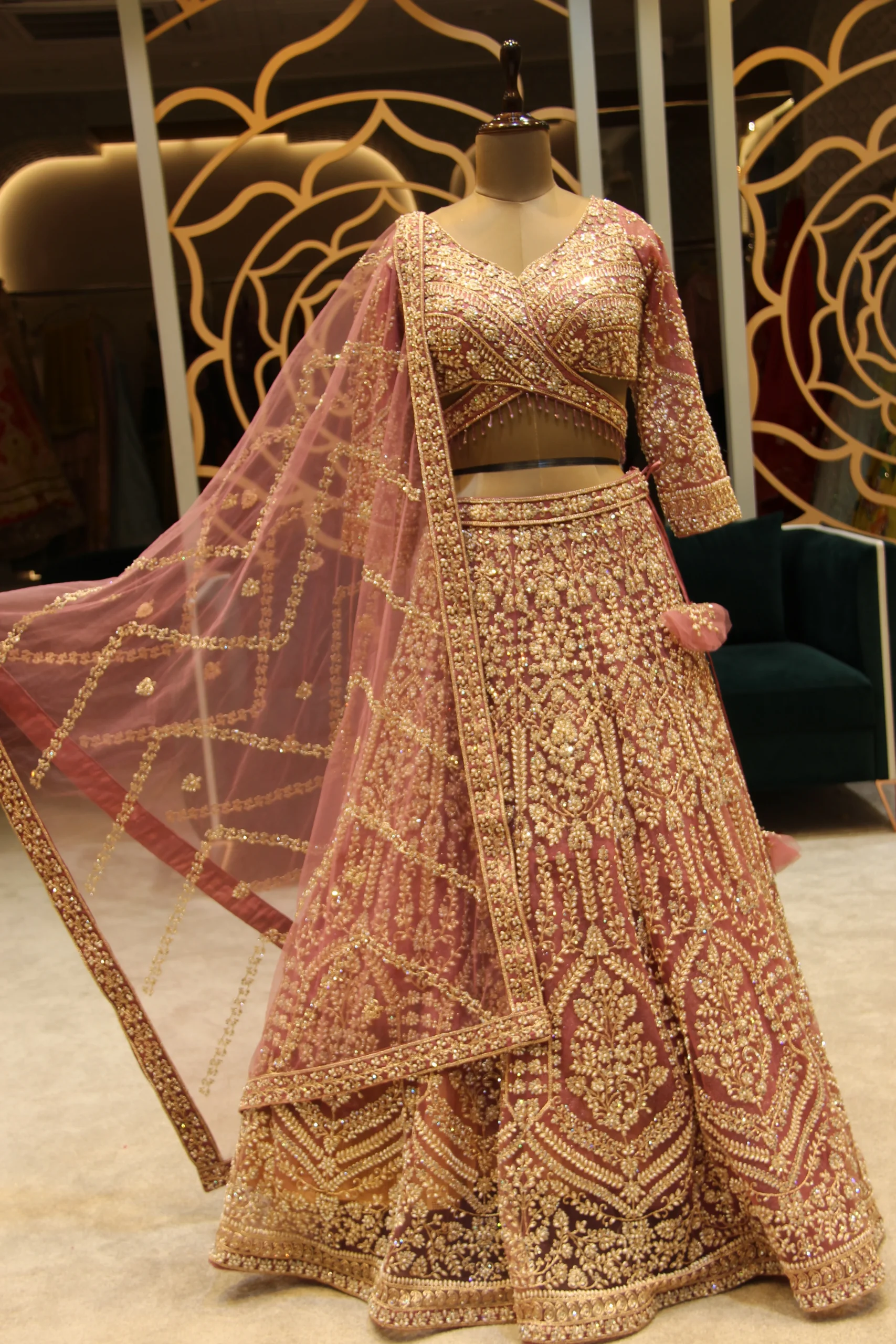 Ethereal Bloom – Onion Pink Bead & Pearl Embellished Net Lehenga