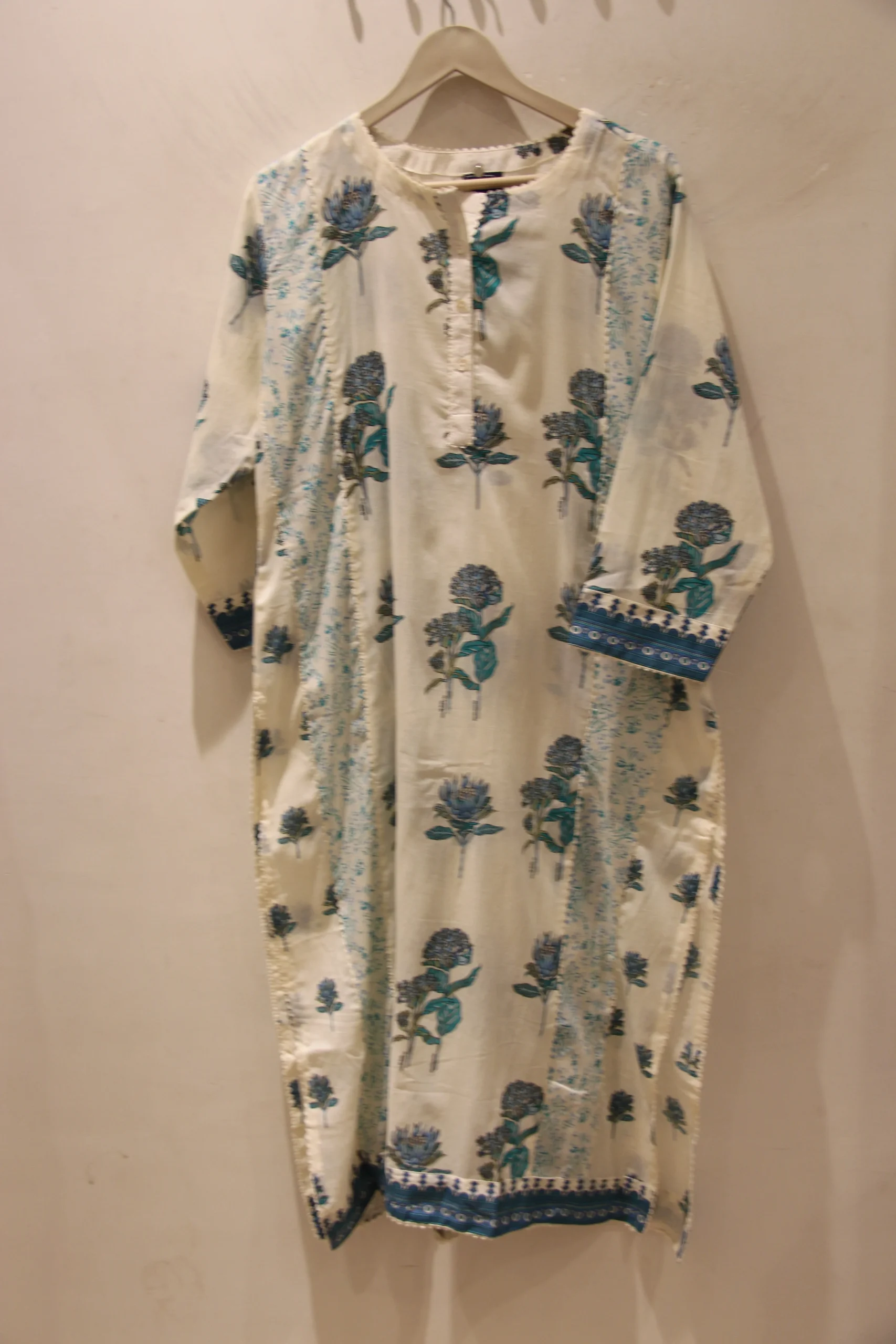 Azure Bloom – Blue Cotton Suit with Elegant Print Detailing - Image 5