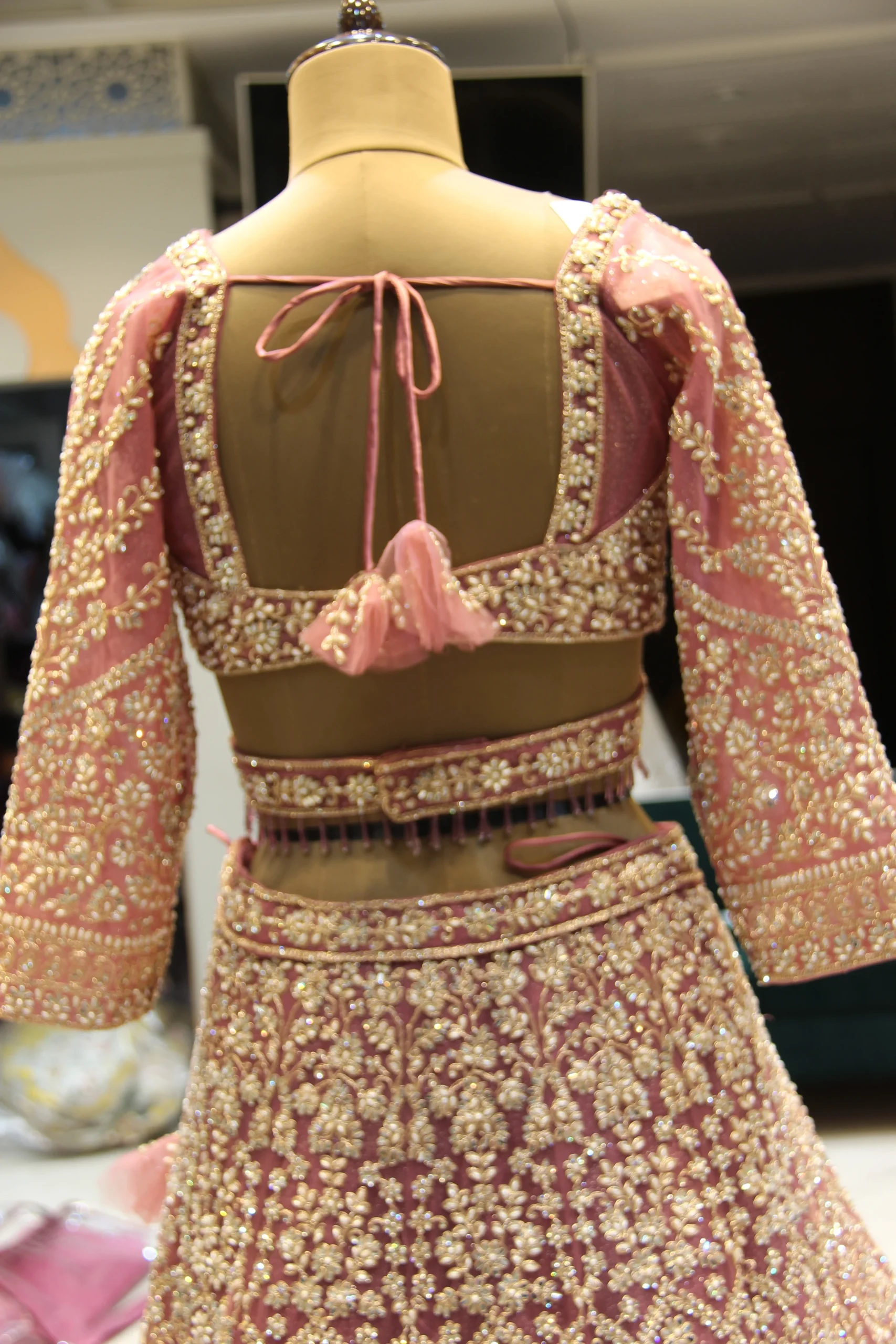 Ethereal Bloom – Onion Pink Bead & Pearl Embellished Net Lehenga - Image 5