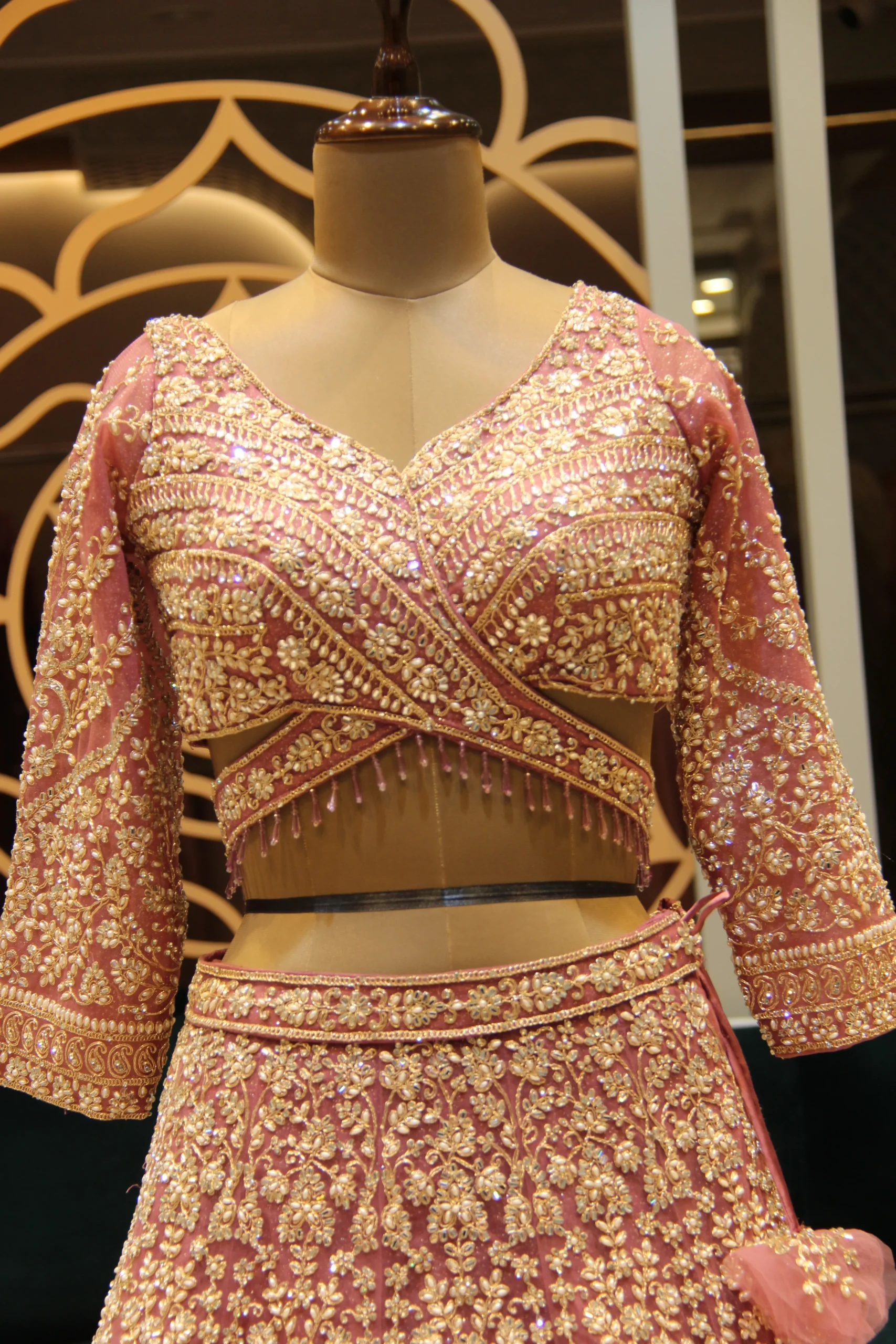 Ethereal Bloom – Onion Pink Bead & Pearl Embellished Net Lehenga - Image 4