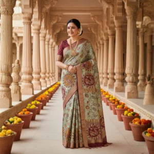 Elegant woman in sage green Moonga Tussar saree with Pichwai and Kalamkari prints, woven zari border and rich pallu – Rangoli Saris