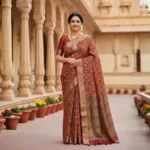 Woman wearing maroon Moonga Tussar saree with Patola print and woven zari border – Rangoli Saris