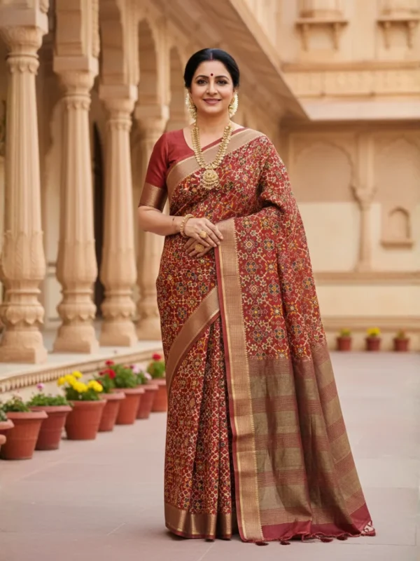 Woman wearing maroon Moonga Tussar saree with Patola print and woven zari border – Rangoli Saris