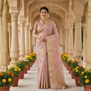 Woman draped in blush pink Moonga Tussar saree with Pichwai and Kalamkari traditional prints, zari woven border, and silk pallu – Rangoli Saris