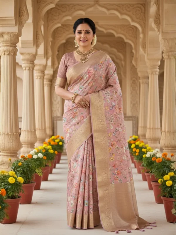 Woman draped in blush pink Moonga Tussar saree with Pichwai and Kalamkari traditional prints, zari woven border, and silk pallu – Rangoli Saris