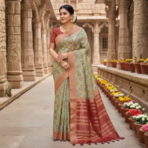 Woman wearing golden mustard Moonga Tussar saree with Patola-inspired print and woven zari border – Rangoli Saris
