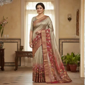 Woman wearing ivory Moonga Tussar saree with floral Kalamkari print and woven zari border – Rangoli Saris