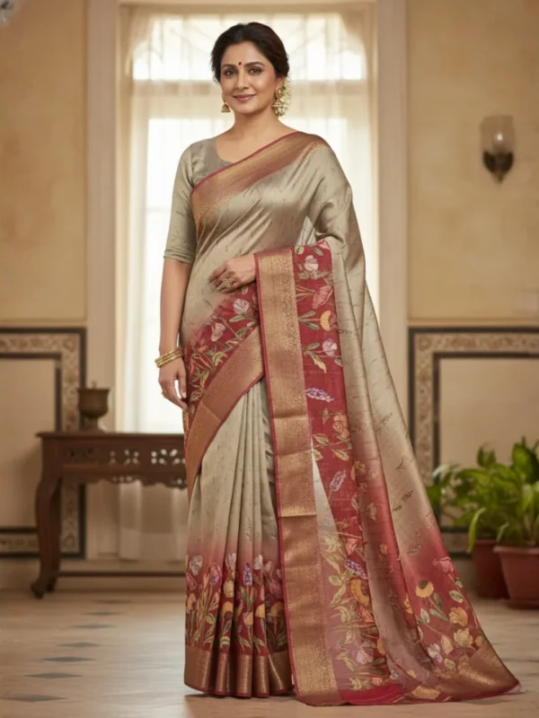 Woman wearing ivory Moonga Tussar saree with floral Kalamkari print and woven zari border – Rangoli Saris