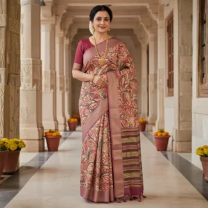 Woman wearing maroon Moonga Tussar saree with traditional Pichwai, Patola, and Kalamkari prints, zari woven border, and rich pallu design – Rangoli Saris