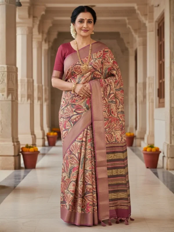 Woman wearing maroon Moonga Tussar saree with traditional Pichwai, Patola, and Kalamkari prints, zari woven border, and rich pallu design – Rangoli Saris