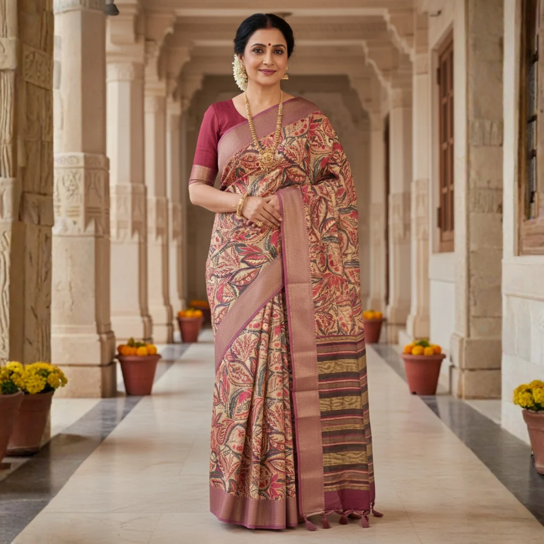 maroon-moonga-tussar-saree-with-zari-border-and-heritage-print