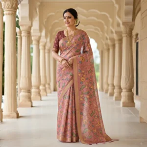 Woman wearing peach Moonga Tussar saree with Pichwai and Kalamkari prints, zari border and woven pallu – Rangoli Saris