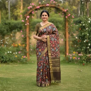 Woman wearing brown Moonga Tussar saree with Pichwai, Patola, and Kalamkari-inspired prints, woven zari border, and intricate pallu – Rangoli Saris