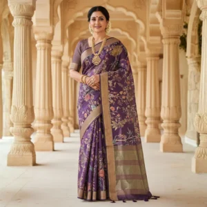 Elegant woman wearing a royal purple Moonga Tussar saree with Pichwai, Patola, and Kalamkari-inspired prints, featuring woven zari border and pallu – Rangoli Saris