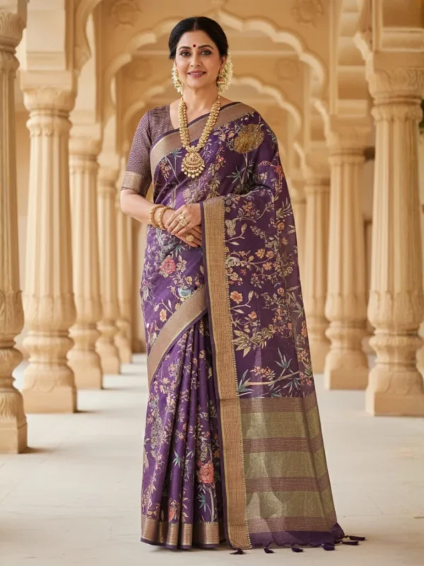 Elegant woman wearing a royal purple Moonga Tussar saree with Pichwai, Patola, and Kalamkari-inspired prints, featuring woven zari border and pallu – Rangoli Saris
