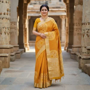 Elegant woman wearing mustard yellow Moonga Tussar saree with Pichwai-inspired print and woven zari border – Rangoli Saris