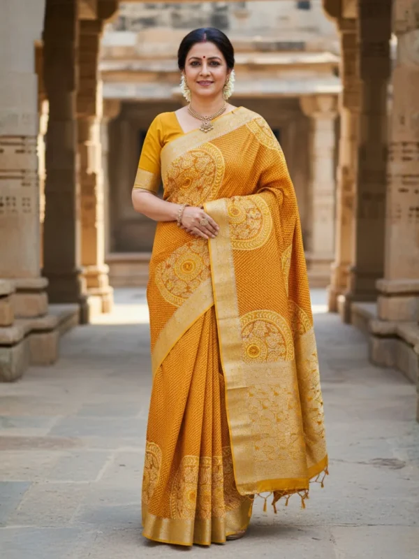 Elegant woman wearing mustard yellow Moonga Tussar saree with Pichwai-inspired print and woven zari border – Rangoli Saris