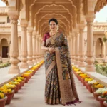 Elegant woman wearing navy blue Moonga Tussar saree with Kalamkari-inspired print and woven zari border – Rangoli Saris