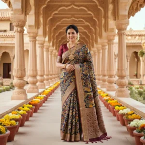 Elegant woman wearing navy blue Moonga Tussar saree with Kalamkari-inspired print and woven zari border – Rangoli Saris