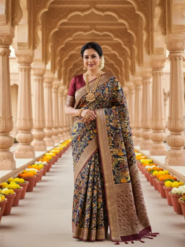 Elegant woman wearing navy blue Moonga Tussar saree with Kalamkari-inspired print and woven zari border – Rangoli Saris
