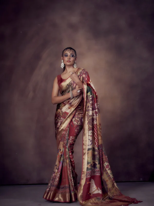 Majestic Maroon Moonga Tussar Saree with Woven Zari Border & Heritage Print Motifs